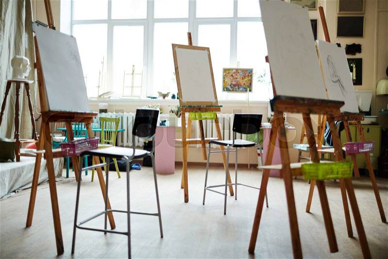 Studio of painting with easels and chairs, stock photo