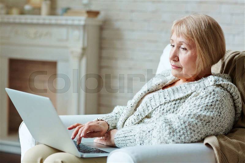 Senior female sitting in arm-chair with laptop and networking, stock photo