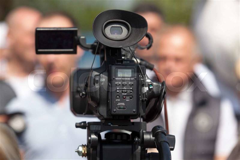 Video camera. News conference. Media interview. , stock photo