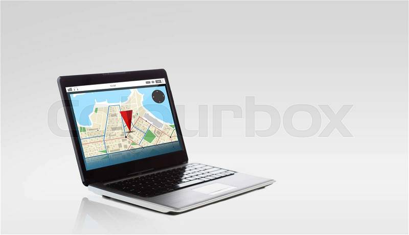 Technology, navigation, location and advertisement concept - laptop computer with gps navigator map on screen, stock photo