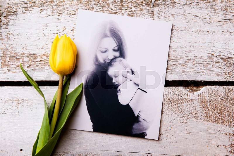 Mothers day composition. black-and-white picture of mother holding her little baby, yellow tulip. Studio shot on wooden background, stock photo