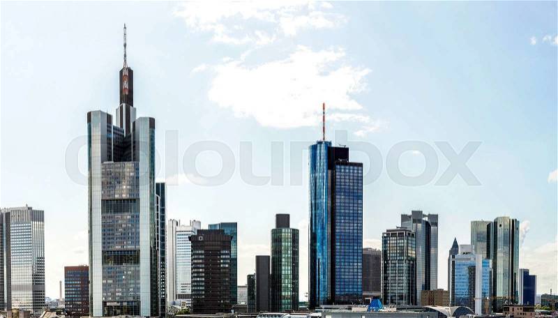 Summer panorama of the financial district in Frankfurt, Germany, stock photo