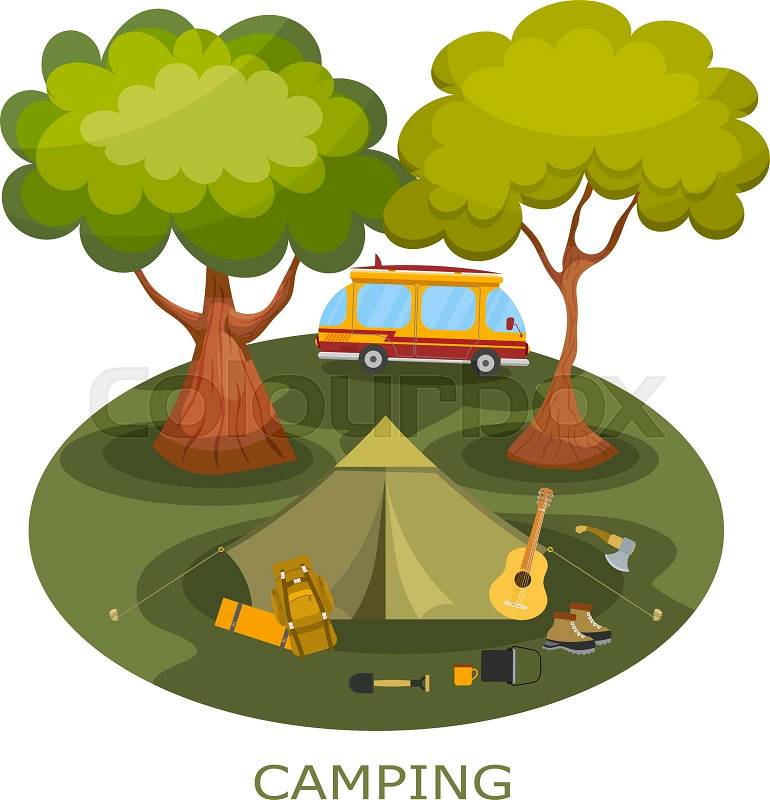 Camping among the trees in a forest glade. Tourist relaxing outdoors. Summer camping. Icon of outdoor recreation. Illustration of a summer camp in the forest. Equipment near the tent. Stock vector\, vector