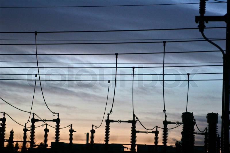 Electricity Substations transformer in Birkerød in denmark, wires at sunset, stock photo