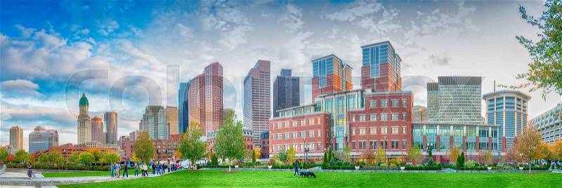 BOSTON - OCTOBER 17, 2015: City skyline from North End Park. Boston welcomes 10 million visitors annually, stock photo