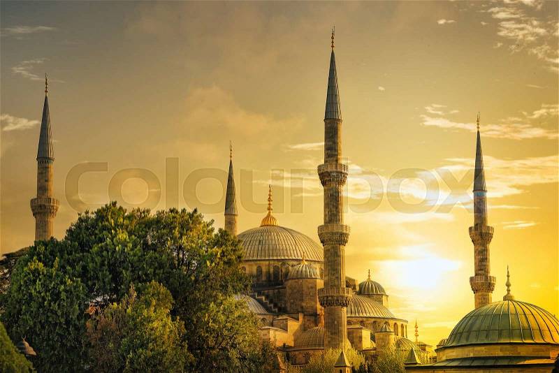 Detail of the Sultanahmet Mosque (Blue Mosque) at sunset. Istanbul, Turkey, stock photo