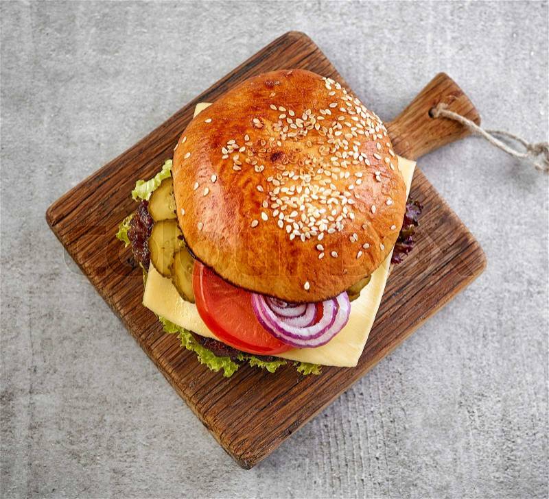 Classic cheeseburger , top view, stock photo