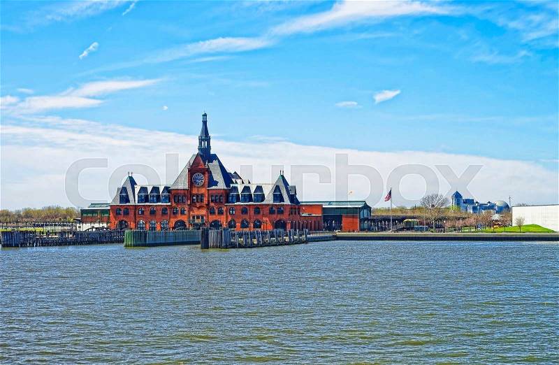 Central Railroad of New Jersey Terminal, USA, in Hudson Waterfront. Hudson River. Ferry slips serving boats, stock photo