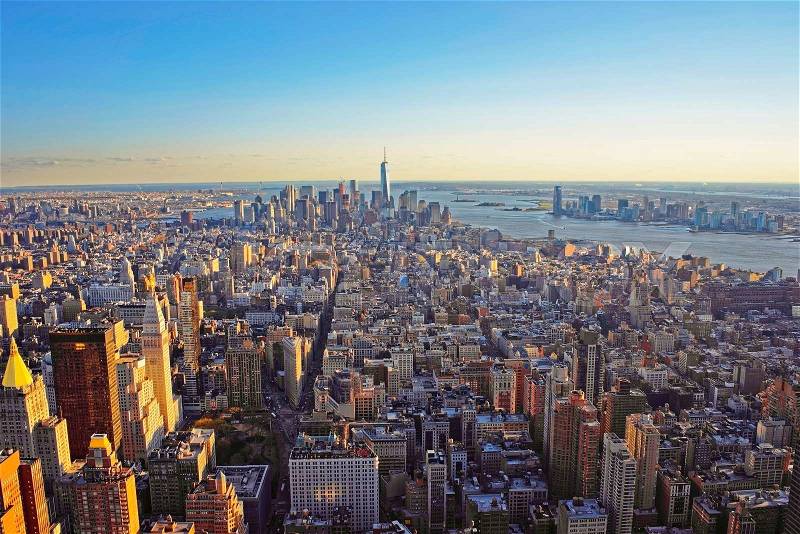 Aerial view from Observatory deck of the Empire State Building on Downtown Manhattan and Lower Manhattan, New York, USA. Skyline with skyscrapers, stock photo