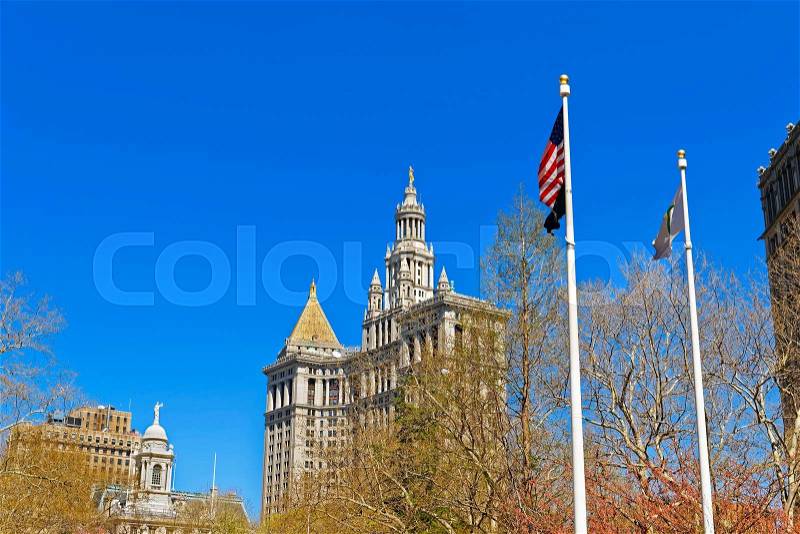 Manhattan Municipal Building in Lower Manhattan of New York, USA. It is the largest government buildings worldwide, stock photo