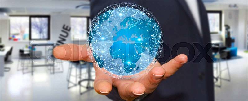 Businessman holding digital web earth with connection lines, stock photo