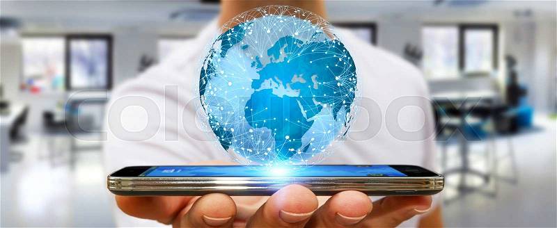 Businessman holding digital web earth with connection lines, stock photo