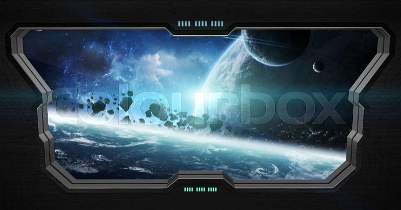 View of outer space from inside a space station, stock photo