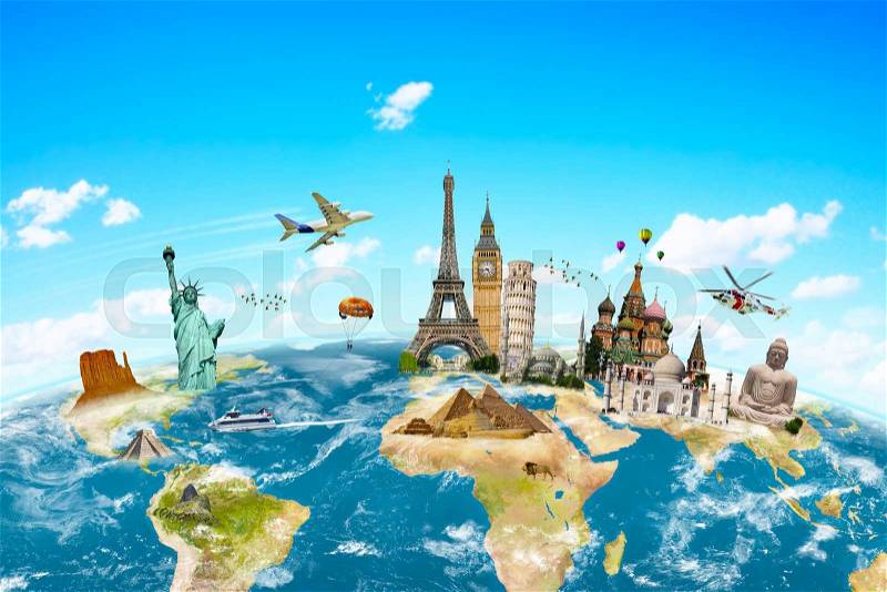 Famous monuments of the world grouped together on planet Earth, stock photo