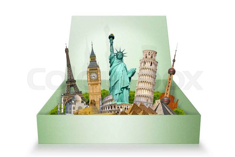 Famous monuments of the world grouped together in a box, stock photo