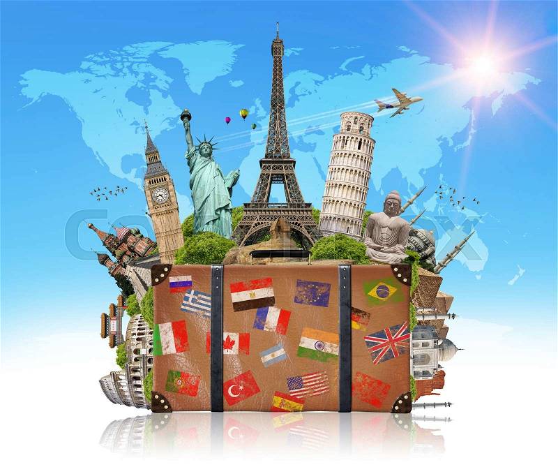 Famous monuments of the world grouped together in a suitcase, stock photo