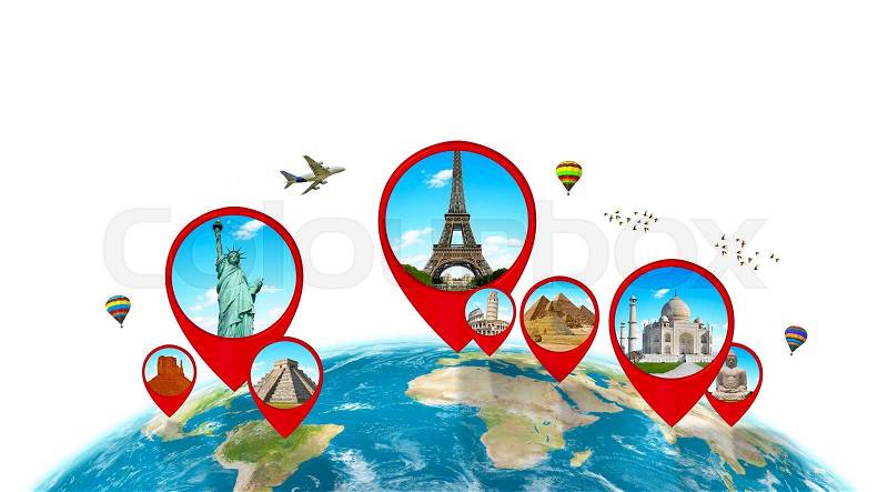 Famous monuments of the world grouped together on a map with pin icon on white background, stock photo