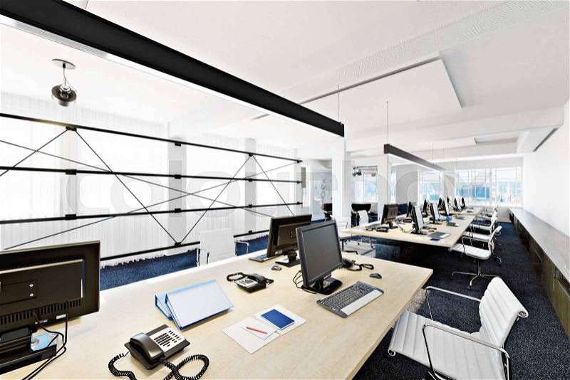 High rise functional contemporary modern business office conference room overlooking a city. Photo realistic 3d rendering, stock photo