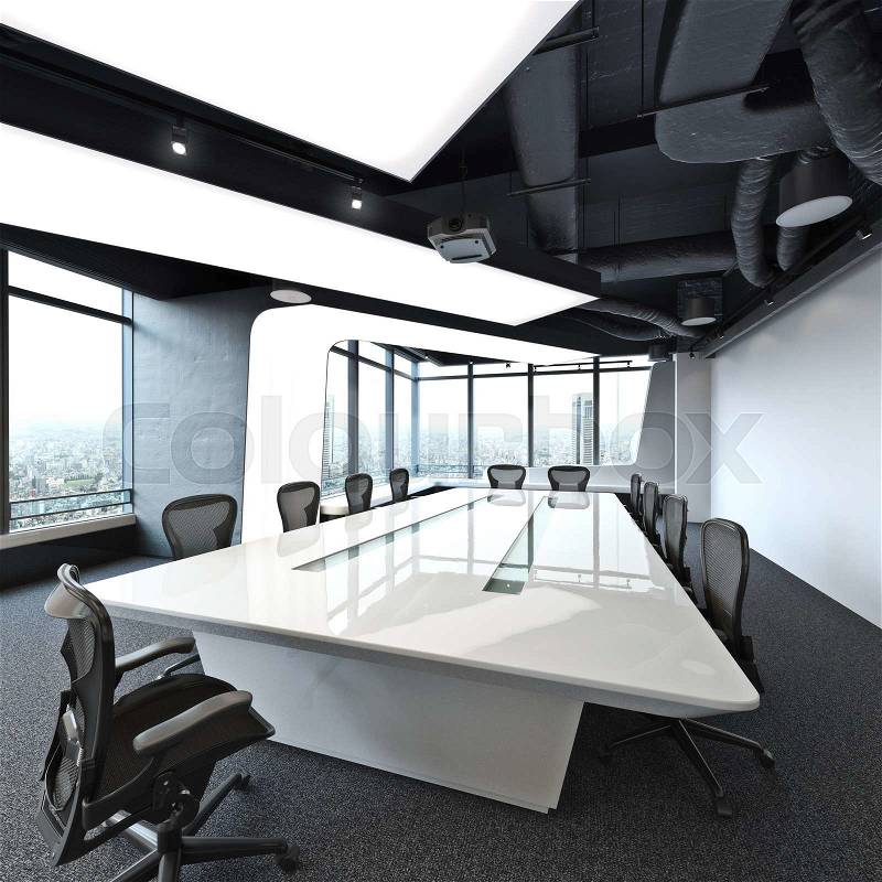 Executive high rise modern empty business office conference room overlooking a city. Photo realistic 3d rendering, stock photo