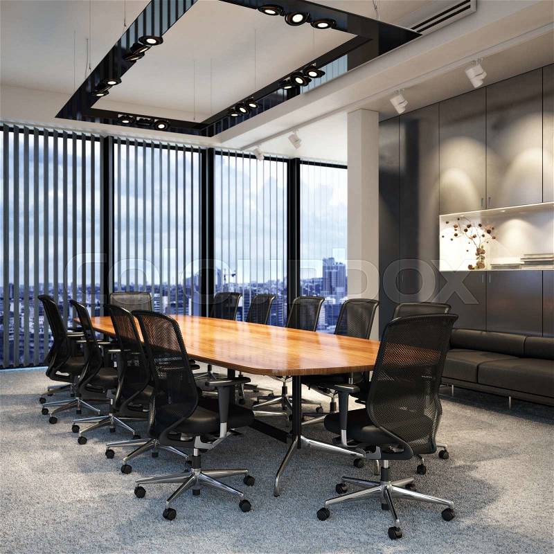 Executive modern empty business office conference room overlooking a city. Photo realistic 3d model scene, stock photo