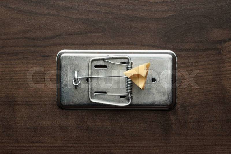 Piece of cheese in metal mousetrap concept, stock photo