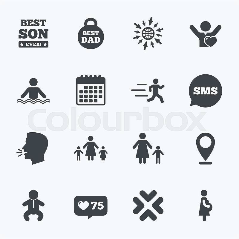 Calendar, go to web and like counter. People, family icons. Swimming, baby and pregnant woman signs. Best dad, runner and fan symbols. Sms speech bubble, talk symbols, vector