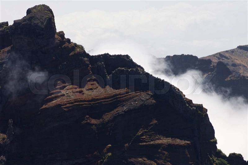 Hills and fog on Madeira Island, Portugal, stock photo