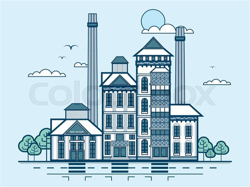 Stock vector illustration city street with brewery, modern architecture in line style element for infographic, website, icon, games, motion design, vector