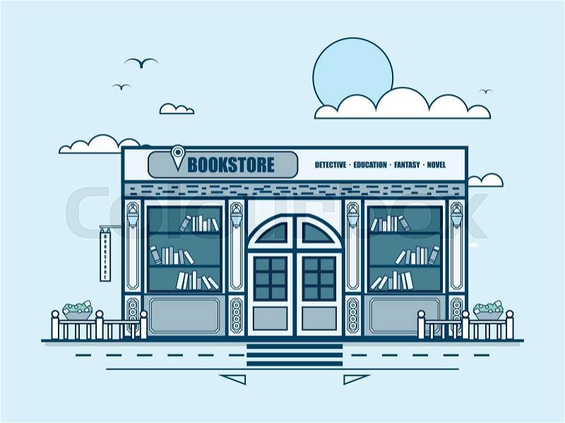 Stock vector illustration city street with bookstore, bookshop, modern architecture in line style element for infographic, website, icon, games, motion design, video, vector