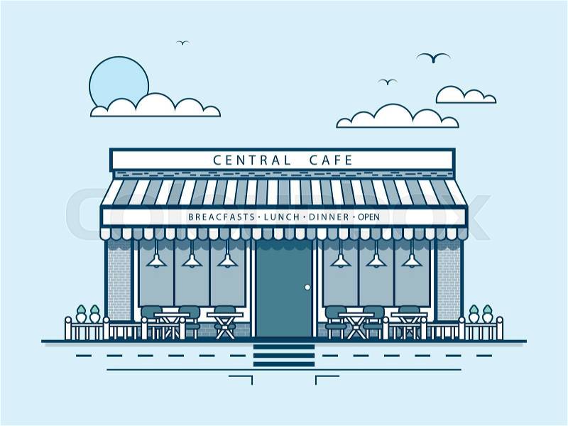 Stock vector illustration city street with central cafe, modern architecture in line style element for infographic, website, icon, games, motion design, video, vector