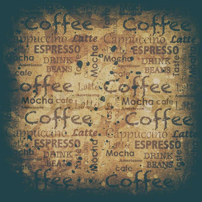 Coffe text on a grunge background with scratches and stains, stock photo