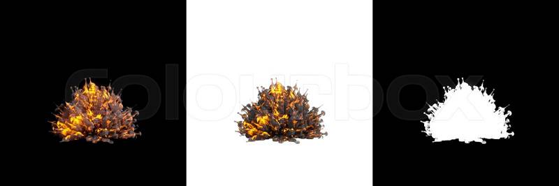Fire explosions isolated set on white and black background, stock photo