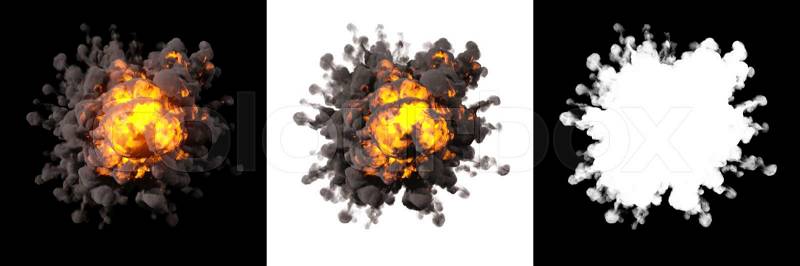 Fire explosions isolated set on white and black background, stock photo
