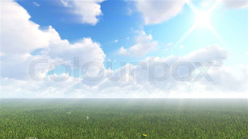 Volume sunlight goes through clouds. 3d rendering light rays, stock photo