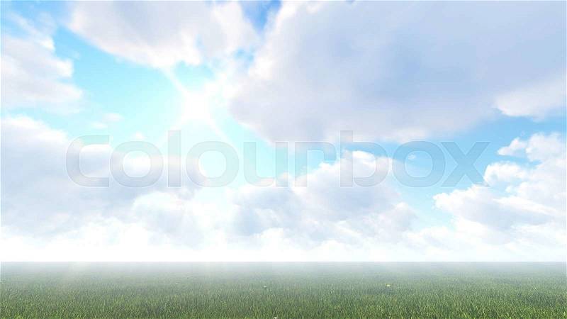 Volume sunlight goes through clouds. 3d rendering sunlight, stock photo