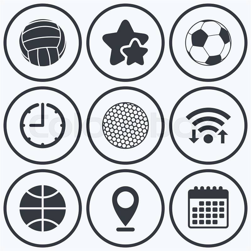 Clock, wifi and stars icons. Sport balls icons. Volleyball, Basketball, Soccer and Golf signs. Team sport games. Calendar symbol, vector