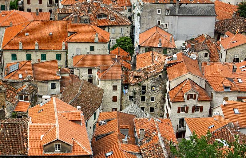 Bird eye view of buildings in Kotor old town, Montenegro, stock photo