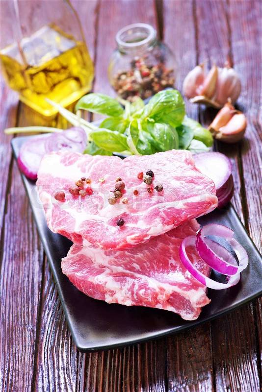 Raw meat with spice and salt, meat for kebab, stock photo