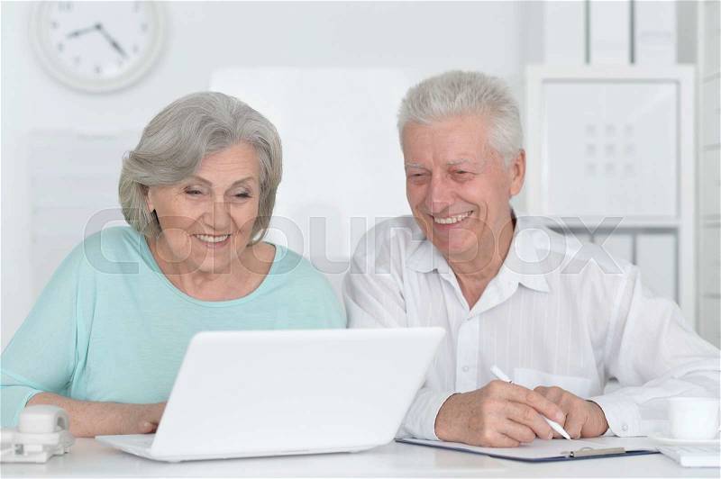 Portrait of a senior couple working with laptop, stock photo