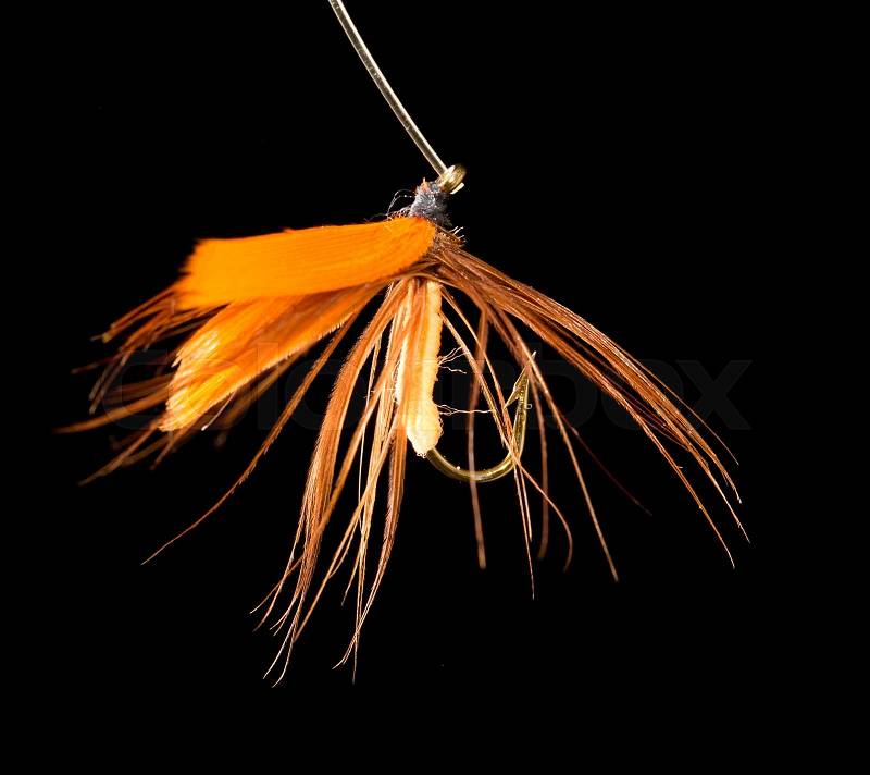Fly to catch fish on a black background, stock photo