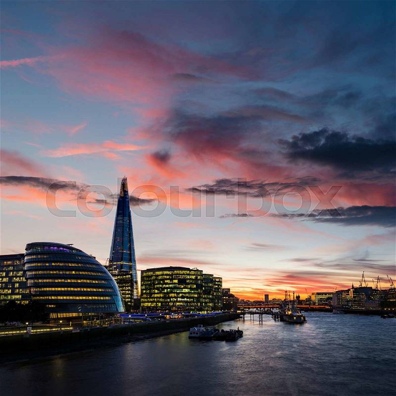 Modern London architecture. Current London skyline. London at night. London after sunset, stock photo