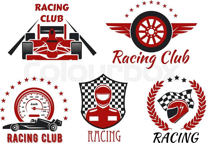 Racing club and motorsport competitions symbols with open wheel racing cars, racer, protective helmet and winged wheel, framed by speedometer, racing flag, checkered shield, laurel wreath and stars, vector