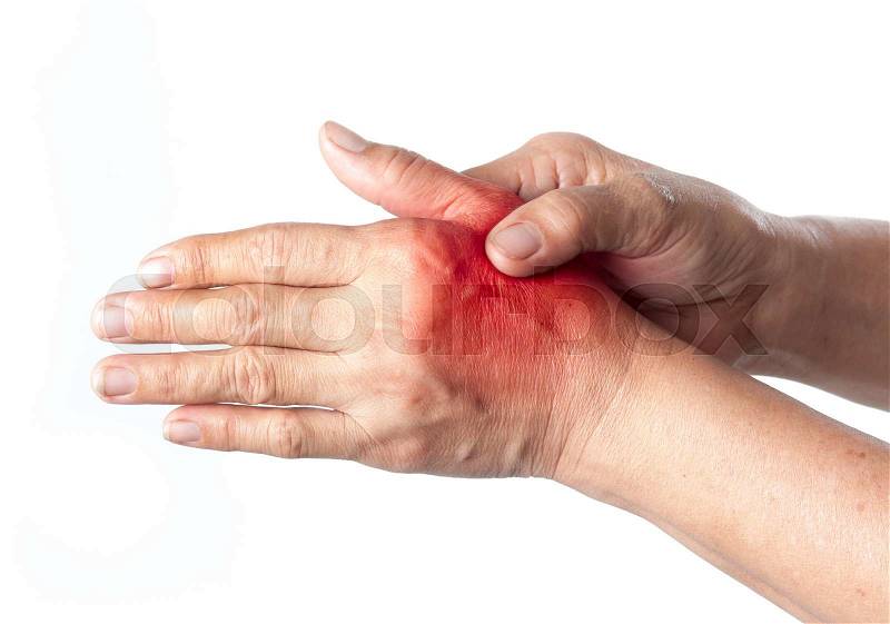 Senior woman touching her injured hand on white background,suffering pain concept, stock photo