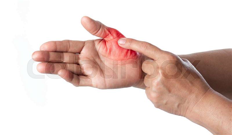 Senior woman touching her injured finger on white background,suffering pain concept, stock photo