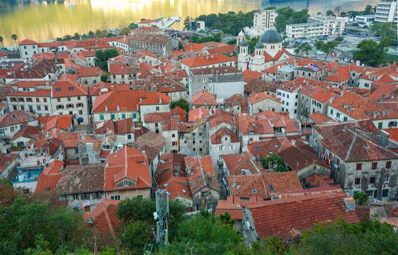 Top view of buildings in Kotor old town, Montenegro, Balkans, stock photo