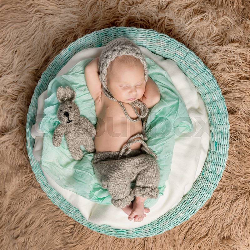 Newborn baby sleeping in round basket with knitted hat and toy, stock photo