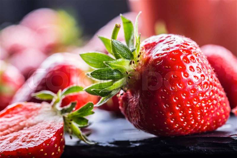 Strawberry. Fresh strawberry. Red strewberry. Strawberry Juice. Loosely laid strawberries in different positions, stock photo