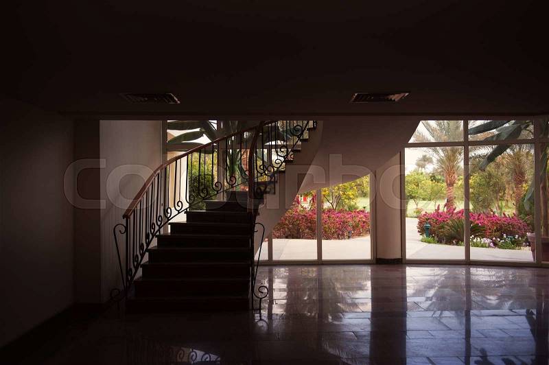 Staircase to the second floor in the hotel lobby, stock photo