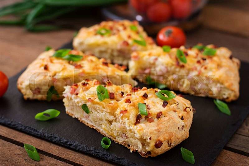 Soda scones (bread) with ham, cheese and chives. English cuisine, stock photo