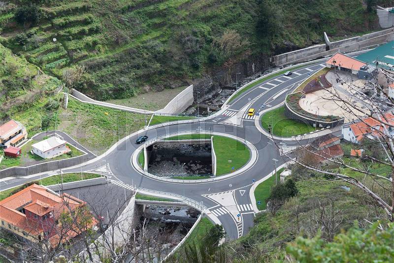 Big roundabout on madeira island from the mountains plane view, stock photo